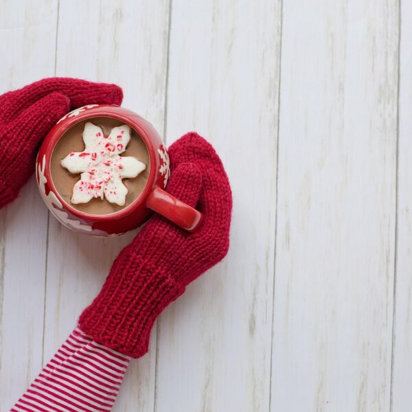 mittens, hot chocolate, red