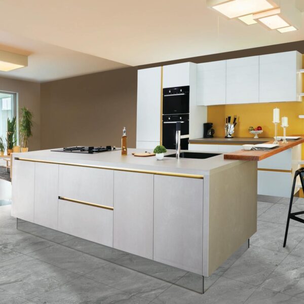 Sleek and modern kitchen interior featuring a large island and open shelving in a contemporary setting.